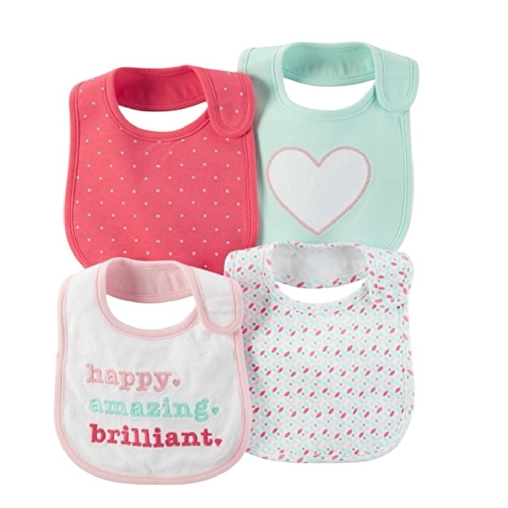 Carters 4pk Waterproof Infant Baby Feeding Bib Bibs Pink Dots Hearts Girl OS